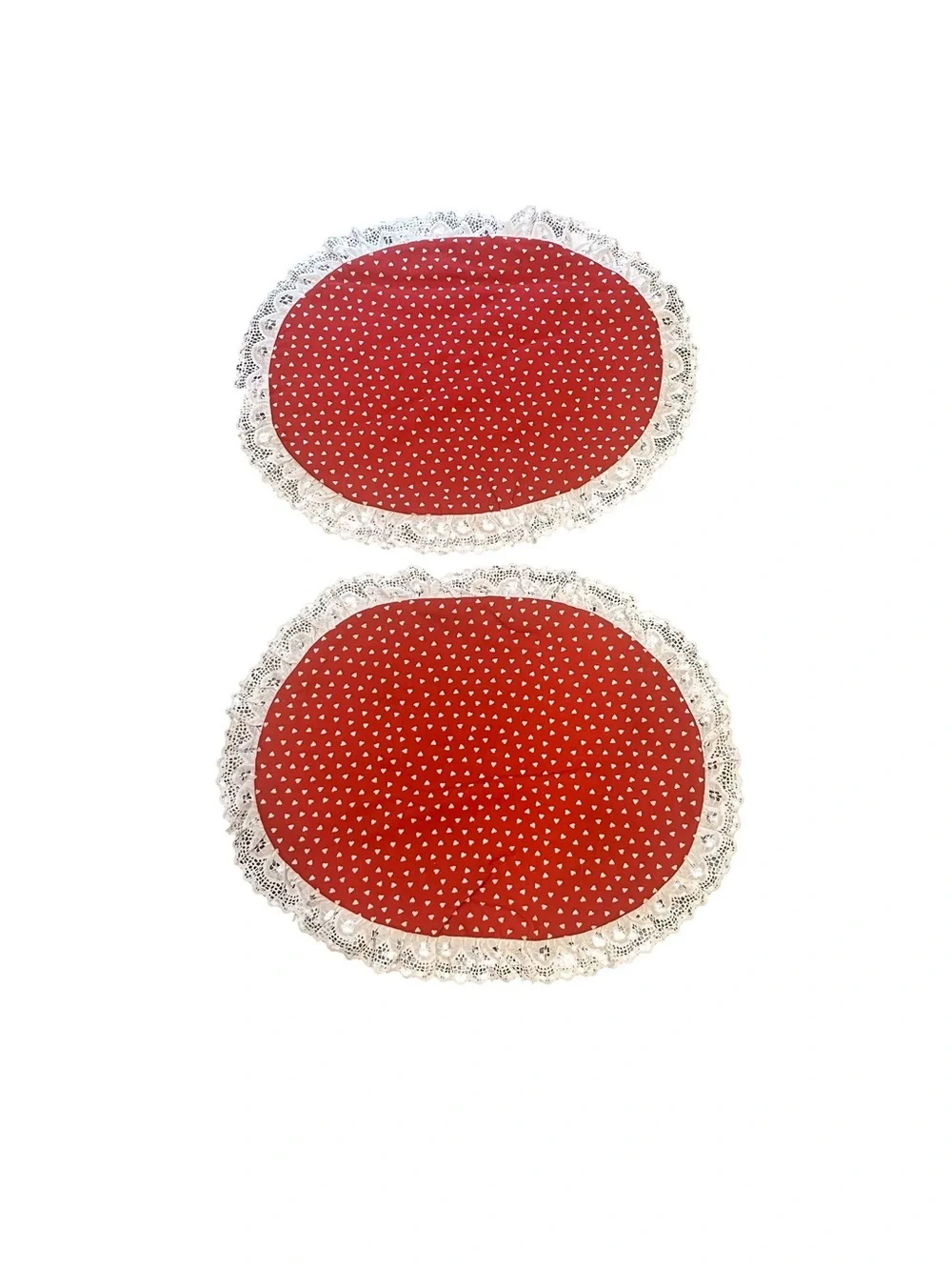 Red White Hearts Fabric Oval Placemats Lace Trim - Set of 4